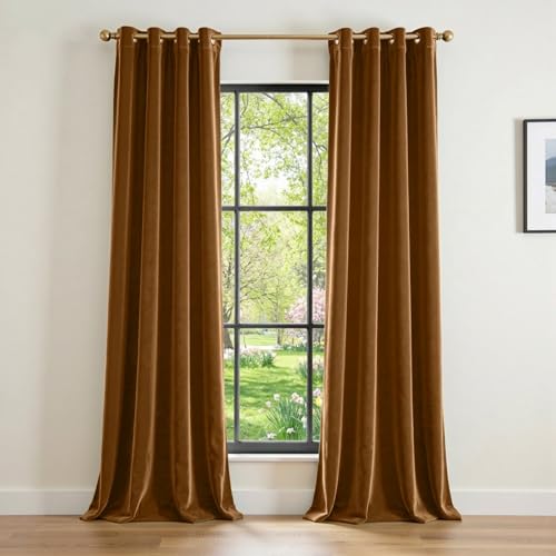 Image of Blackout Golden Brown Velvet Curtains Grommet 52x96 Inch 2 Panels | Soft Velvet, For Bedroom & Living Space, Light Shifting Texture, Elegant Luxury Drape, Rich