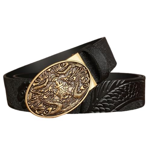 Men's Leather Dragon Print Ratchet Dress Belt - Adjustable Auto Buckle With Engraved Double Dragons - Main Image