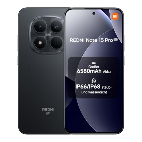 XIAOMI Redmi Note 15 Pro 5G Smartphone (12+512 GB) – 6580-mAh-Akku, IP66/IP68 Staub- und Wasserschutz, Neue 200-MP-Kamera, 6,83' AMOLED-Display, Schwarz, 2 Jahre Garantie