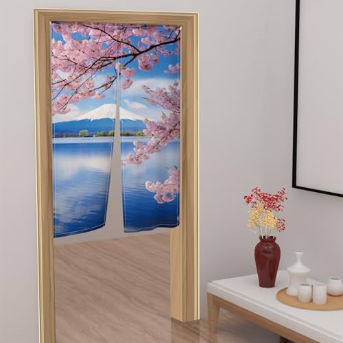 Leowefowa Japanese Noren Doorway Curtain Long Type Pink Cherry Blossom Blue Lake Sky Fuji Mountain...