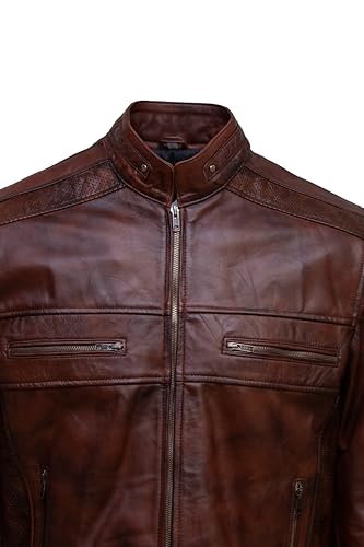 Image of ATIKI Men's Genuine Brown leather jacket | Classic Slim Fit Leather Jacket for Men with Stand-Up Collar & Zipper Pockets