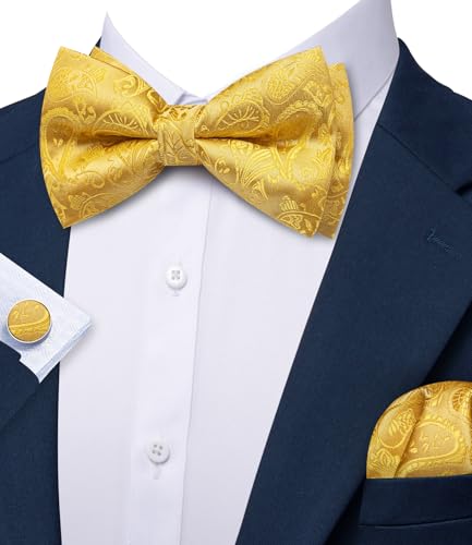 Image of YOHOWA Mens Bow Tie Set Paisley Pre-tied Bowties Adjustable with Handkerchief Cufflinks Gold Ring Set Wedding Prom Party