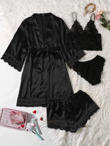 Image of SOLY HUX Women's Satin Pajama Set with Lace Trim - 4-Piece Sleepwear & Robe