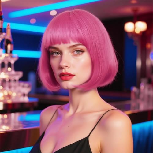 Image of ANOGOL Rose Red Bob Wig with Bangs Pink Wigs for Women Colored Wigs Party | Hair Cap+ Sunglasses Short Neon Wig Bachelorette Party Funny Outfit Pink Costume Women Halloween Night Club Crazy Hair Day