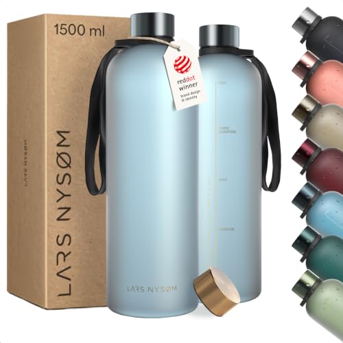 Image of LARS NYSOM Water Bottle 51oz | Drinking Bottle 1.5Liter | Ultralight Tritan Sports Flask leak-proof | Ideal for sports, office, yoga | 2 lids included (Blue /Gold, XL 50.7oz)