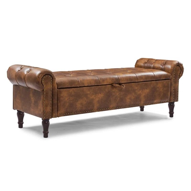 Image of Leather Storage Ottoman Bench with Rolled Arms | Tufted Upholstered 2 Seater Sofa Bench with Hidden Storage | End of Bed Bench for Bedroom Living Room Entryway | Nailhead Trim Accent Seat | Brown