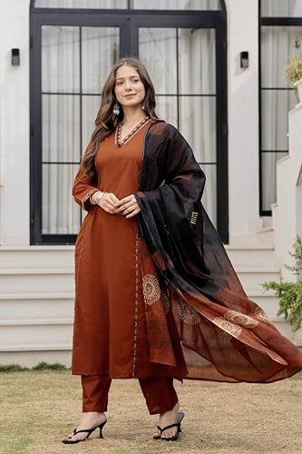 Image of MEERA FAB Women Floral Printed Pure Cotton Straight V-Neck Kurta with Palazzos & Dupatta