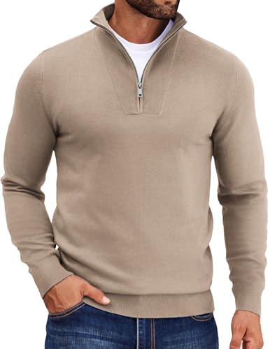 COOFANDY Mens Quarter Zip Pullover Quilted Pullover Casual Knit Long Sleeve Mock Neck Sweater Polo