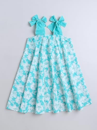 Image of The Magic Wand Kids Girls Printed Casual Dresses, Knee Length Singlet Strap Fit & Flared Cotton Once Piece Stylish Frocks for Summer Season