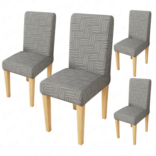 Image of Lukzer Elastic Dining Chair Cover - 4PC Pastel Dark Grey Ripple Lines | Textured High Stretch Jacquard Seat Cover | Removable Washable Short Dining Chair Cover Protector Seat Slipcover | (CC-164-04)