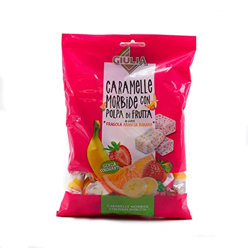 La Giulia Caramelle Morbide con Polpa di Frutta caramelos suaves con pasta de fruta con sabor a fresa, naranja y plátano, 150 g bolsa