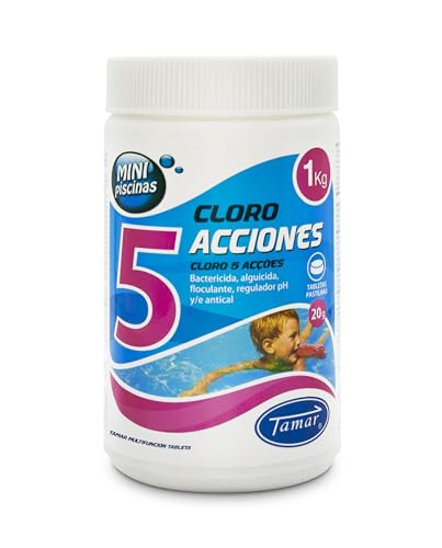 Tamar Cloro 5 Acciones, Tabletas Multifuncion de 20 grs, Especial para Mini Piscinas, 1 Kilo