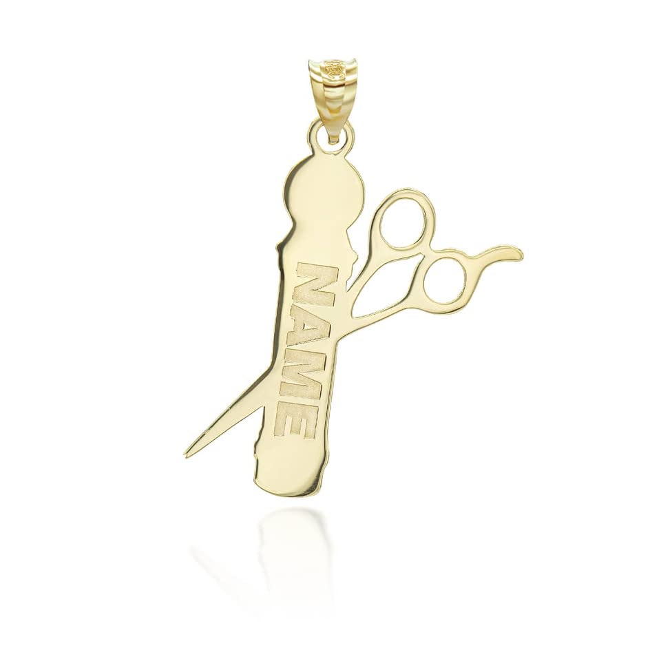 14K Yellow Gold Personalized Name Hair Stylist Scissor and Barber Shop Pole Engravable Pendant