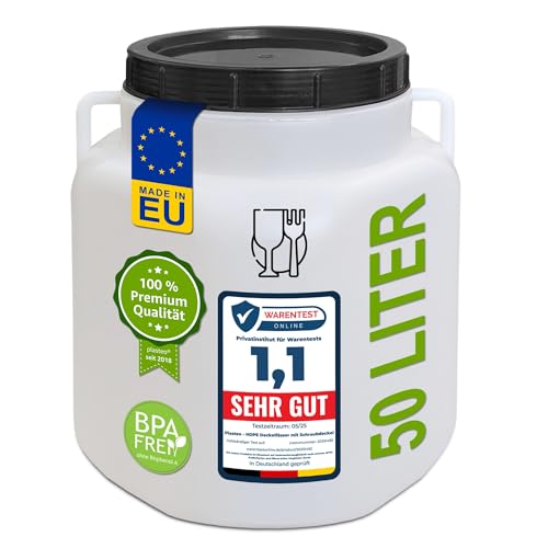 plasteo® Barril de boca ancha de 50 litros con tapa y asas, rectangular, natural, apto para alimentos y sin BPA, barril de plástico universal, barril de agua, barril de lluvia, barril de