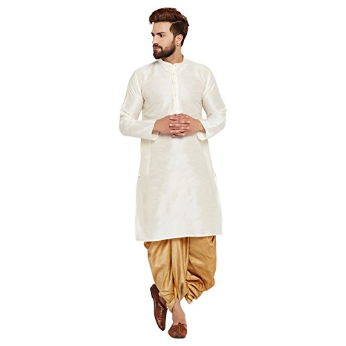 Image of SOJANYA (Since 1958 Men's Off-White and Gold Dupion Silk Dhoti Kurta Set