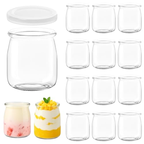 Pmueuff 200ml Joghurtgläser mit Deckel, 12 Stück Durchsichtige Dessertgläser Glas, DessertgläSer mit Deckel für Gelee, Honig, Mousse, Müsli, Desserts, Spülmaschinen-, Gefrierschrank- & Mikrowellenfest