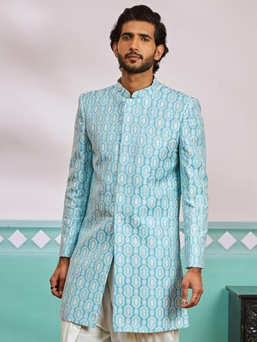 Image of VASTRAMAY Men's Blue Silk Blend Regular Fit Sherwani Only Top VASMIW252BU 44