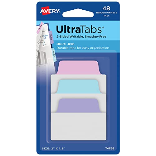 Avery Multiuse Ultra Tabs, 2 x 1.5, 2-Side Writable, Pastel Blue/Pink/Purple, 48 Repositionable Tabs (74758)