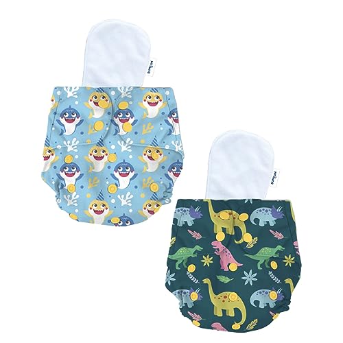 Image of Bumtum Baby Diaper | 0-3 Yrs Baby Freesize | Pack of 2, New Born Baby Diaper, Cloth Diaper, Waterproof Reusable Diaper, 5hrs Absorbency, Washable, Cotton Soaker, Extra Soft (Dinosaur & Baby Shark)