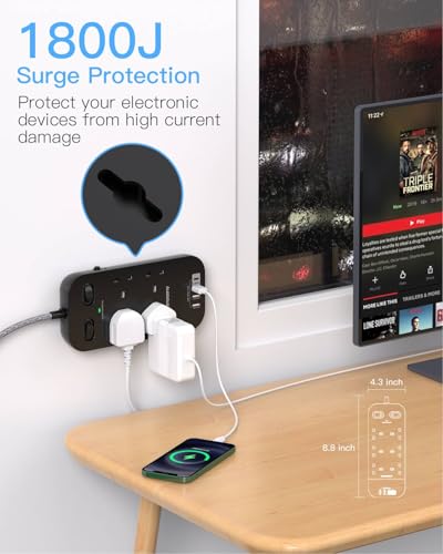 Black Extension Lead 5M, Extension Cable with 4 Way Outlets 4 USB Slots(2 USB C), Surge Protected Extension Lead with Double Switches, 15Ft Braided Extension Cord for Office Home Accessories