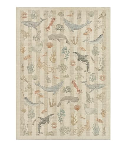 Image of Whales Themed Soft Washable Faux Wool Stain Resistant Rug Rubber Non-Slip Backing for Playroom Bathroom Living Room Bedroom Bedside Beachy Cute Coastal Nautical Nursery Rug (Taupe, 5' x 7')