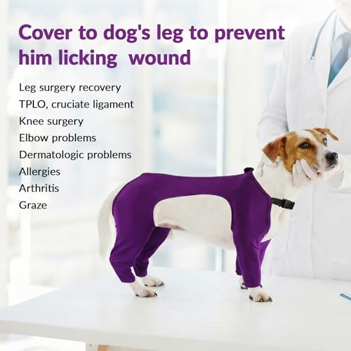 Image of BRKURLEG 4-Leg Dog Recovery Suit, Leg Wound Protector, Purple S | Soft Surgical Onesie Protects Leg Wounds, Elbow & Knee Cover, Warm Dog Legs, Cone Alternative, Allows Easy Potty Access