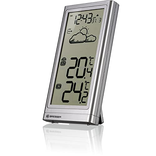Foto von Bresser Wetterstation Funk mit Außensensor Meteo Temp, Thermometer mit Temperaturanzeige für Innen- und Außen, Wettervorhersage, mit ausklappbarem Standfuß und Wandhalterung, silber