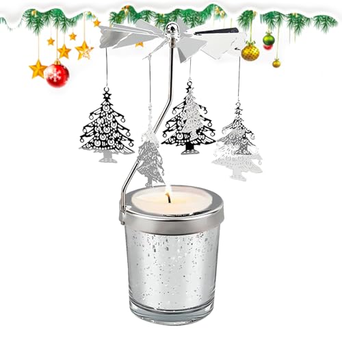 Portavelas de Navidad, Metal Giratorio Candelabro Árbol de Navidad Santa Claus de Vidrio Giratorio Giratorio Candelabro Carrusel de Plata Candelabro para Navidad Boda Decoración del Hogar (A)
