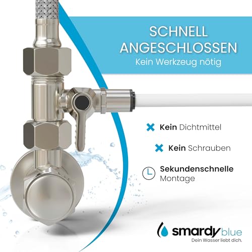 smardy Absperrventil Edelstahl Absperrhahn Push Fitting Adapter T-Stück 3/8x3/8x1/4 zum Anschluss von 2 Geräten für SbS Kühlschrank Osmoseanlage Wasserfilter, Wasseranschlussadapter mit Dichtung