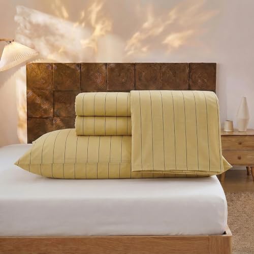 Image of Merryword Yellow Striped Sheet Set King Size - 100% Cotton Striped Bedding 4 Pieces, Soft Breathable Percale Weave, 17.5 inch Deep Pocket, Luxury Linen Like, All Season Comfort