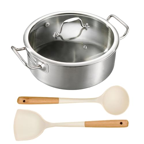 Sartén de acero inoxidable, 28 cm, sin revestimiento, para inducción con tapa, cuchara y espátula, borde alto, tres capas, resistencia a altas temperaturas, para cocinas de gas, doble oreja, 5 l