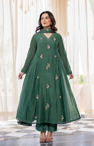 Image of KLOSIA Women Embroidery Solid Anarkali Kurta and Pant Set with Dupatta