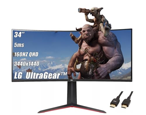Image of LG Ultragear QHD 34 inch Curved Gaming Monitor, 160Hz, 5ms, 21:9 (3440x1440) VA with HDR 10 Compatibility, AMD FreeSync Premium, with 5ave HDMI Cable