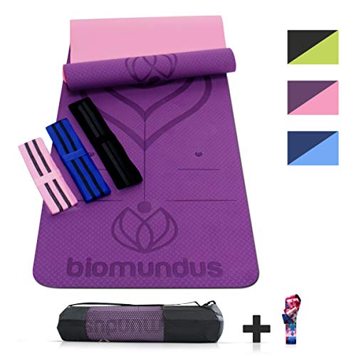 BIOMUNDUS Yoga mat yoga Esterilla yoga antideslizante TPE + Bandas Elasticas Fitness + correa yoga+ lineas posicion + bolsa esterilla deporte antideslizante esterilla pilates colchoneta gimnasia