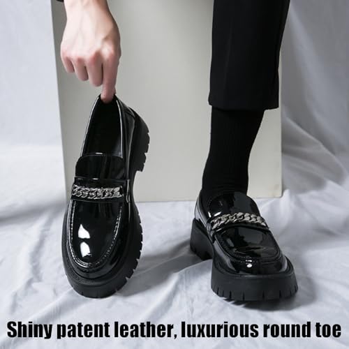 Men's Patent Leather Slip on Platform Loafers with Chain Decor Luxury Round Toe Low Block Lug Sole Business Office Dress Shoes Non-Slip Dating Party Casual Shoes2