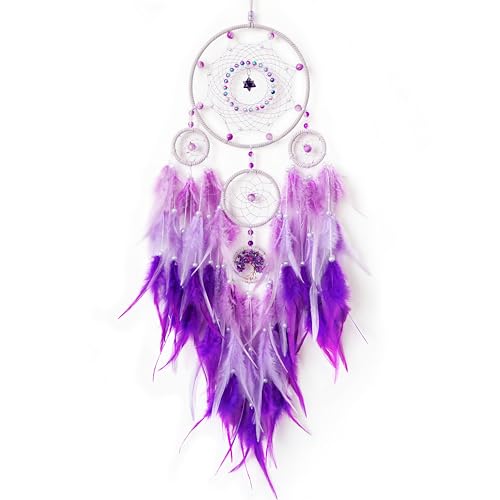 Dream Catchers,Large Dream Catcher Tree of Life Wall Decor,Adult Purple Boho Dream Catcher Wall Decor with Gemstone Hanging Ornament Girls Dorm Room Decor Festival Gift