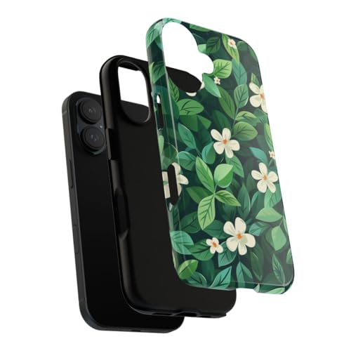 Coque iPhone 16 rigide brillante motif feuilles vertes fleurs blanches - 3