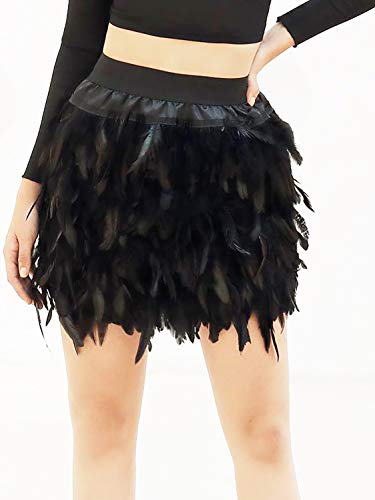 Persun Women Mid Waist A-Line Mini Feather Skirt, Black, Small2