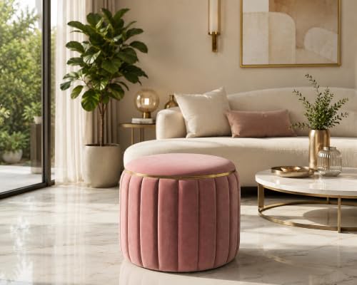 Premium Velvet Storage Ottoman, Round Foot Rest Stool, Upholstere...