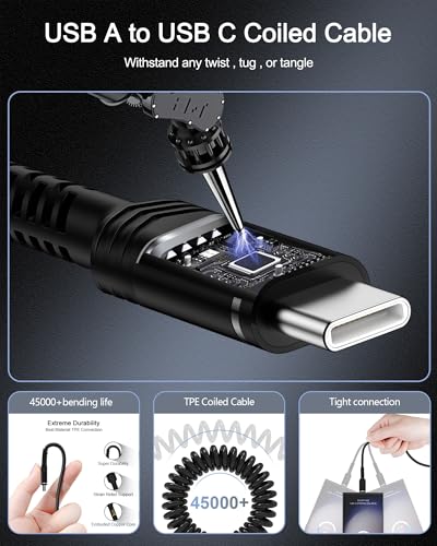 USB to USB C Cable Coiled Auto Wire, Type C Car Phone Charger Fast Charging Cord for iPhone 17/16e/15 Pro Max/16 Pro/Air/Galaxy/Pixel, Retractable USB-C Power Line for Apple Carplay & Android Auto
