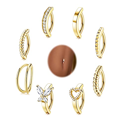 ORAZIO 8Pcs Belly Button Ring Surgical Steel 14G Clicker Belly Rings for Women CZ Heart Butterfly Belly Button Piercing Simple Reverse Navel Barbell Rings Body Piercing Jewelry G10