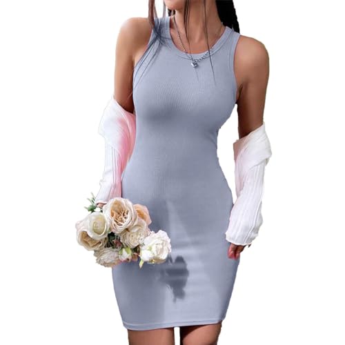 Image of Solid Sleeveless Round Neck Ribbed Western Bodycon Dress For Women