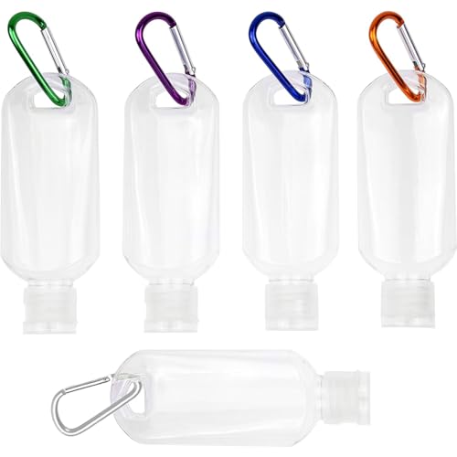 FUNAUPGO 5 Pcs Refillable Travel Bottles Hand Sanitizer Travel Size Holder with Keychain Portable Empty Plastic Bottles Leakproof Squeeze Containers with Clip for Home Office Outdoor