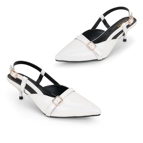 Image of Women's Pointed Toe Kitten Heels, Elegant Glossy Patent Leather Slingback Pumps with Adjustable Buckle Strap, 2-Inch Pencil Heel Sandals