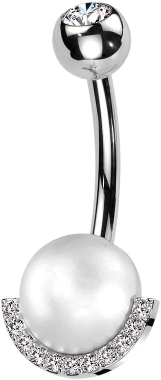 Pierced Owl 14GA 316L Stainless Steel Synthetic Pearl with Half CZ Crystal Edge Belly Button Ring