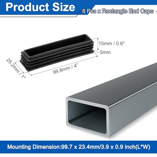 Image of uxcell 8 Pcs Rectangle Tubing End Caps 4 x 1 Inch Plastic Hole Plugs Insert End Cap for Metal Tubing Post Chair Leg Table Bookshelves Furniture, Black