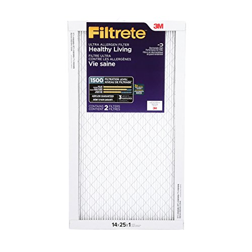 Filtrete 14x25x1 Air Filter, MPR 1500, MERV 12, Healthy Living Ultra-Allergen 3-Month Pleated 1-Inch Air Filters, 2 Filters