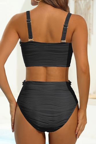 Image of High Waisted Bandeau Bikini Set - Women Strapless Two Piece Swimsuits Ribbed Longline Full Coverage Bathing Suits Swimwear