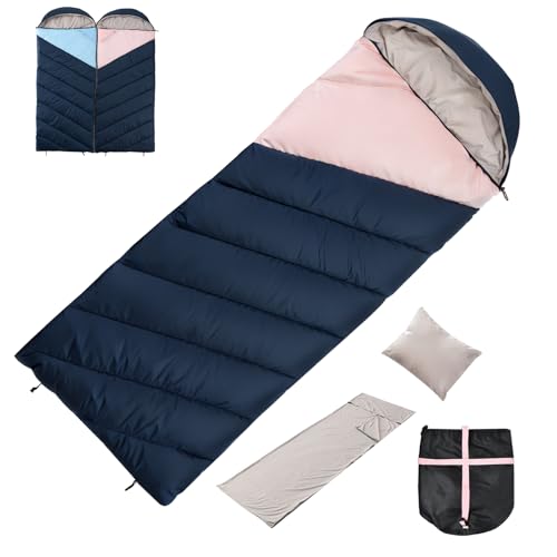 Saco de Dormir Adulto Niños, 220x80cm, Saco de Dormir Individual con Almohada y Forro Desmontables, Saco Dormir Camping Ligero 4 Estaciones 0°C to 20°C Impermeable 210T, con Saco Compresión (Rosa)