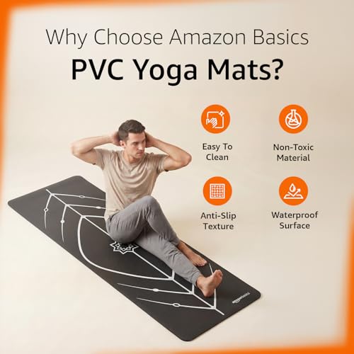 Image of Amazon Basics Yoga Mat with Carry Bag | 6 mm Thick Cushioning | GuideAlign Posture Alignment Markings | Reversible Dual-Texture Non-Slip Surface | Lightweight & Durable | Floor Protection | Ideal for Yoga, Stretching & Fitness | 6 x 2 ft | Black & White